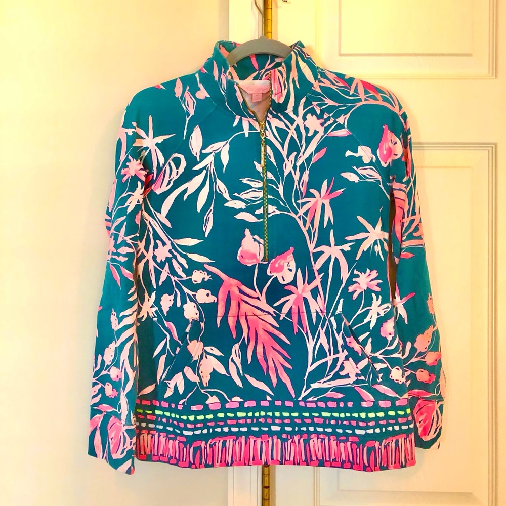 “It’s Prime Time” teal monkey print Lilly Pulitzer women’s XS 1/2 zip popover
